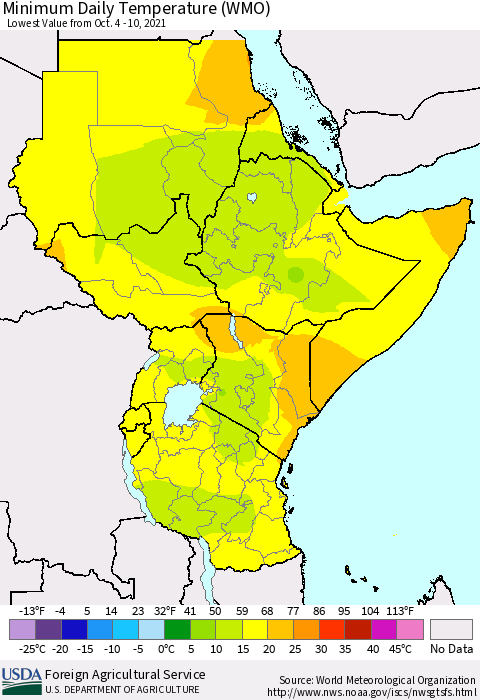 Eastern Africa Extreme Minimum Temperature (WMO) Thematic Map For 10/4/2021 - 10/10/2021