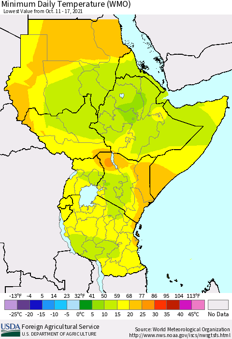 Eastern Africa Minimum Daily Temperature (WMO) Thematic Map For 10/11/2021 - 10/17/2021