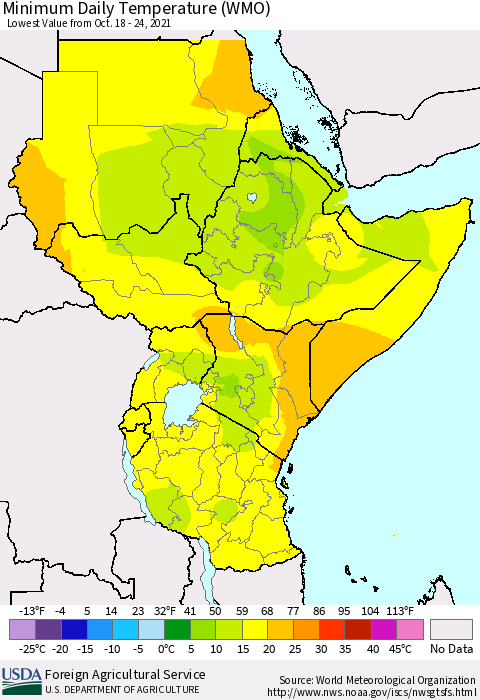 Eastern Africa Extreme Minimum Temperature (WMO) Thematic Map For 10/18/2021 - 10/24/2021