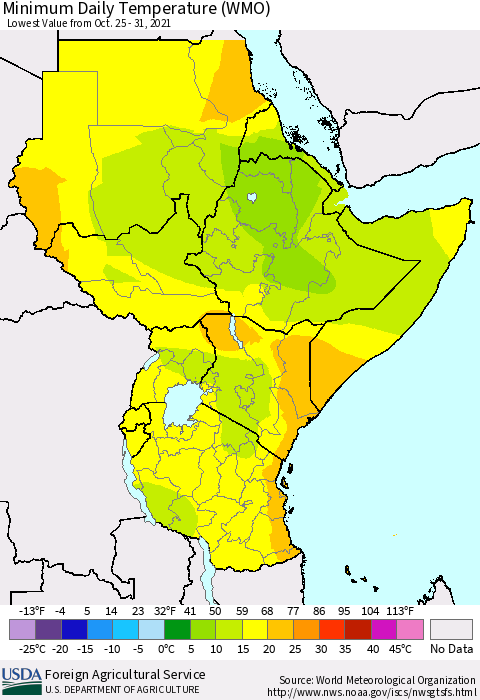 Eastern Africa Extreme Minimum Temperature (WMO) Thematic Map For 10/25/2021 - 10/31/2021