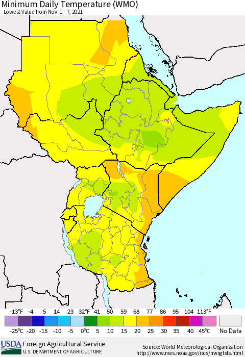Eastern Africa Extreme Minimum Temperature (WMO) Thematic Map For 11/1/2021 - 11/7/2021