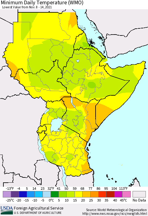 Eastern Africa Minimum Daily Temperature (WMO) Thematic Map For 11/8/2021 - 11/14/2021