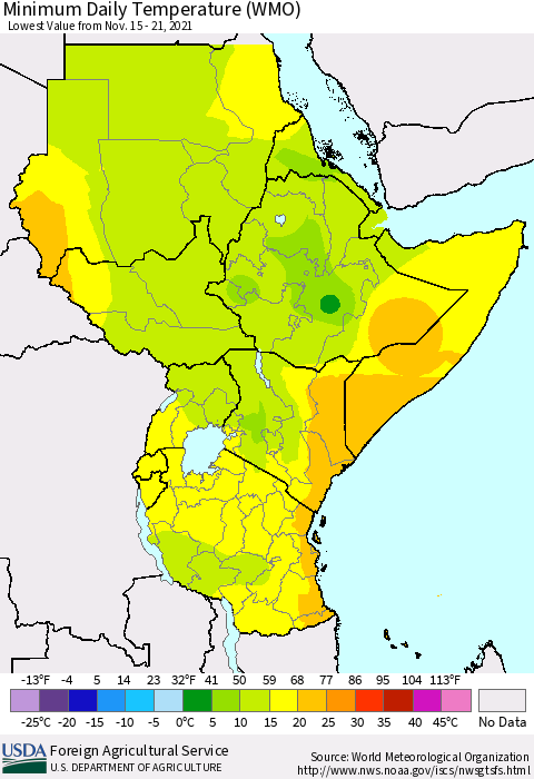 Eastern Africa Extreme Minimum Temperature (WMO) Thematic Map For 11/15/2021 - 11/21/2021