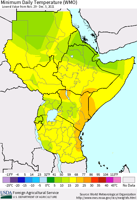 Eastern Africa Extreme Minimum Temperature (WMO) Thematic Map For 11/29/2021 - 12/5/2021