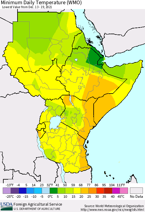 Eastern Africa Extreme Minimum Temperature (WMO) Thematic Map For 12/13/2021 - 12/19/2021