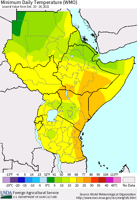 Eastern Africa Minimum Daily Temperature (WMO) Thematic Map For 12/20/2021 - 12/26/2021