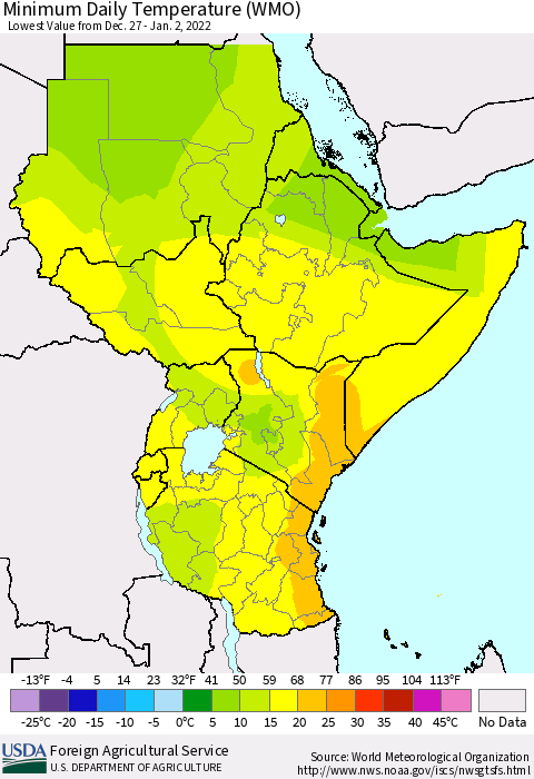 Eastern Africa Extreme Minimum Temperature (WMO) Thematic Map For 12/27/2021 - 1/2/2022