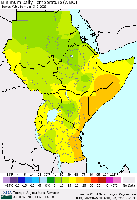 Eastern Africa Extreme Minimum Temperature (WMO) Thematic Map For 1/3/2022 - 1/9/2022