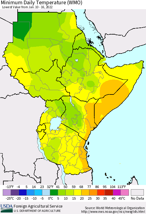 Eastern Africa Extreme Minimum Temperature (WMO) Thematic Map For 1/10/2022 - 1/16/2022