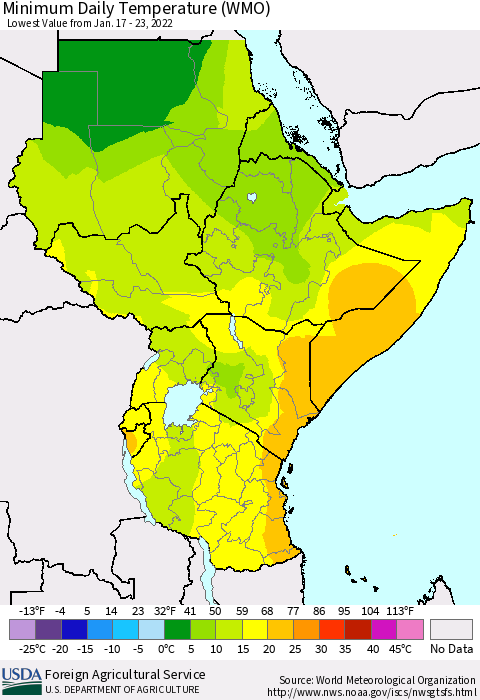 Eastern Africa Minimum Daily Temperature (WMO) Thematic Map For 1/17/2022 - 1/23/2022