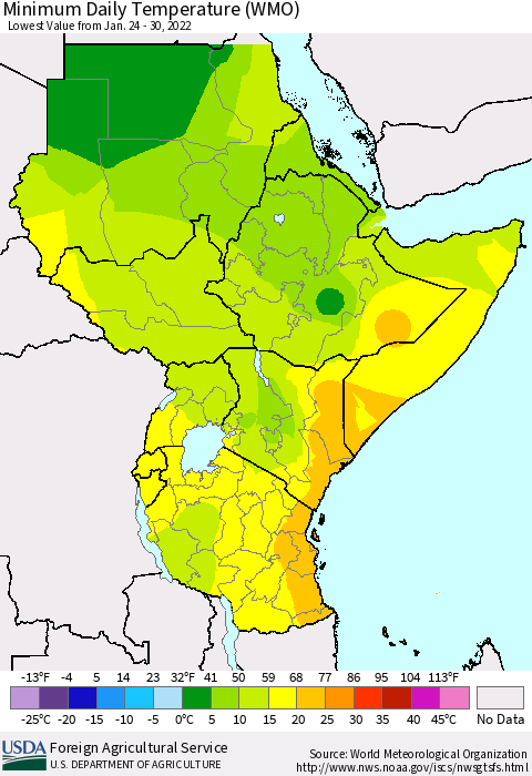 Eastern Africa Minimum Daily Temperature (WMO) Thematic Map For 1/24/2022 - 1/30/2022