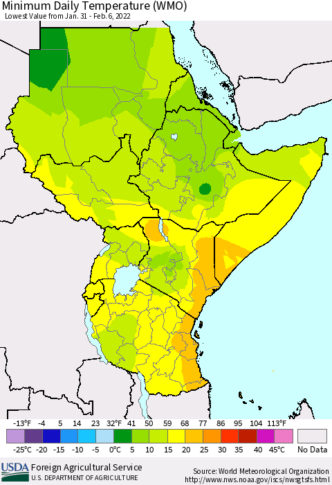 Eastern Africa Minimum Daily Temperature (WMO) Thematic Map For 1/31/2022 - 2/6/2022