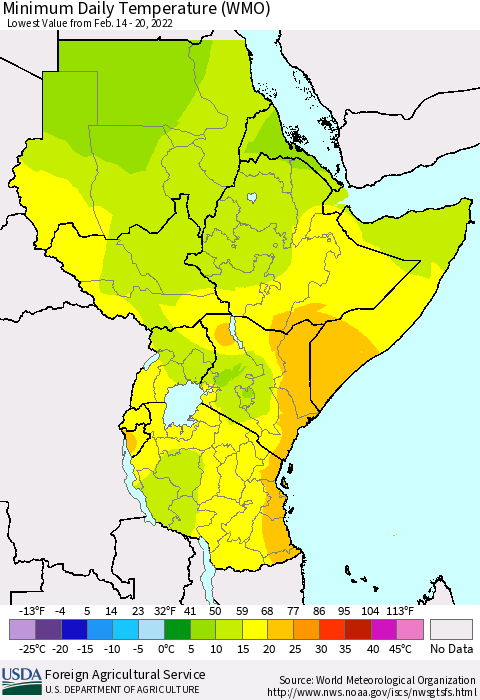 Eastern Africa Minimum Daily Temperature (WMO) Thematic Map For 2/14/2022 - 2/20/2022