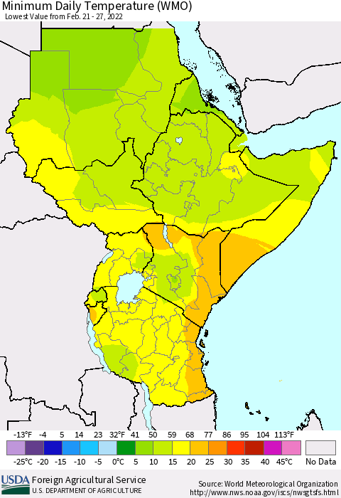 Eastern Africa Minimum Daily Temperature (WMO) Thematic Map For 2/21/2022 - 2/27/2022