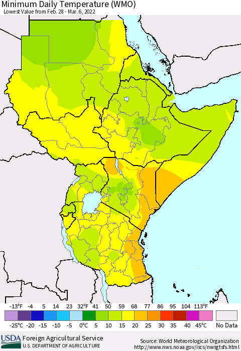 Eastern Africa Minimum Daily Temperature (WMO) Thematic Map For 2/28/2022 - 3/6/2022