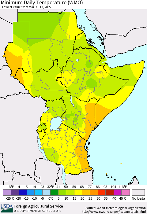 Eastern Africa Extreme Minimum Temperature (WMO) Thematic Map For 3/7/2022 - 3/13/2022