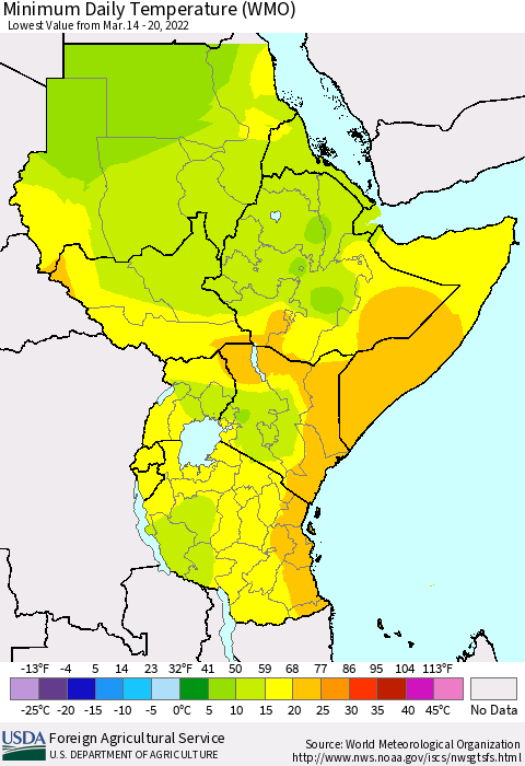 Eastern Africa Extreme Minimum Temperature (WMO) Thematic Map For 3/14/2022 - 3/20/2022