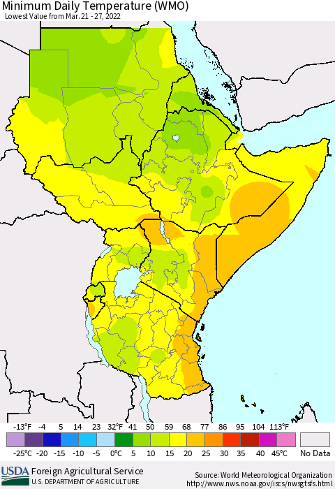 Eastern Africa Extreme Minimum Temperature (WMO) Thematic Map For 3/21/2022 - 3/27/2022