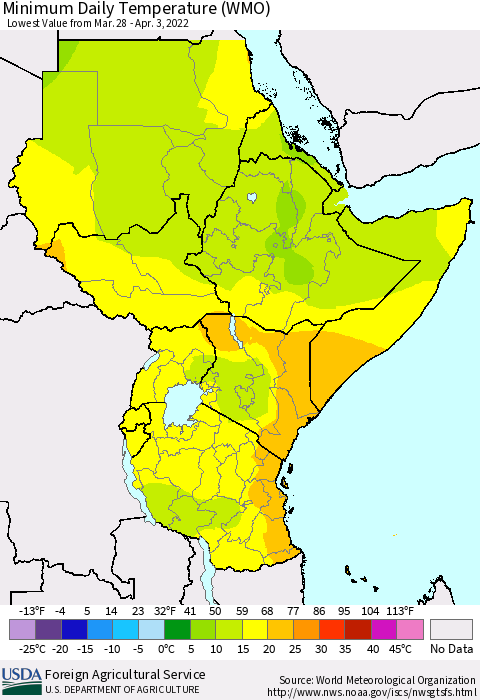 Eastern Africa Extreme Minimum Temperature (WMO) Thematic Map For 3/28/2022 - 4/3/2022