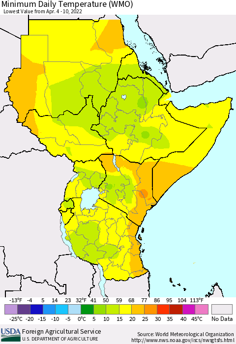 Eastern Africa Extreme Minimum Temperature (WMO) Thematic Map For 4/4/2022 - 4/10/2022