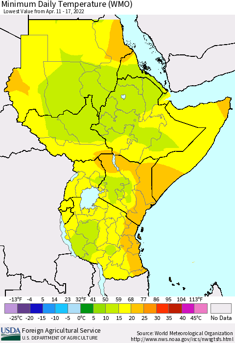 Eastern Africa Extreme Minimum Temperature (WMO) Thematic Map For 4/11/2022 - 4/17/2022