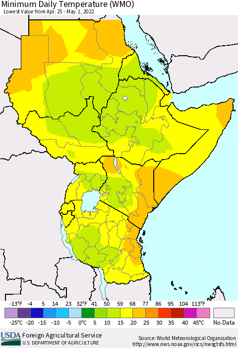 Eastern Africa Minimum Daily Temperature (WMO) Thematic Map For 4/25/2022 - 5/1/2022