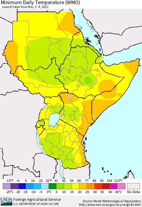 Eastern Africa Extreme Minimum Temperature (WMO) Thematic Map For 5/2/2022 - 5/8/2022