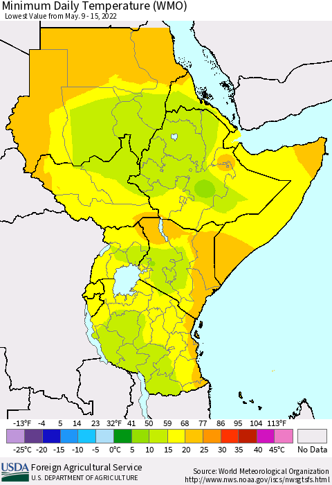 Eastern Africa Minimum Daily Temperature (WMO) Thematic Map For 5/9/2022 - 5/15/2022