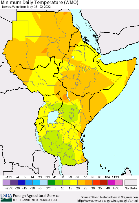 Eastern Africa Extreme Minimum Temperature (WMO) Thematic Map For 5/16/2022 - 5/22/2022