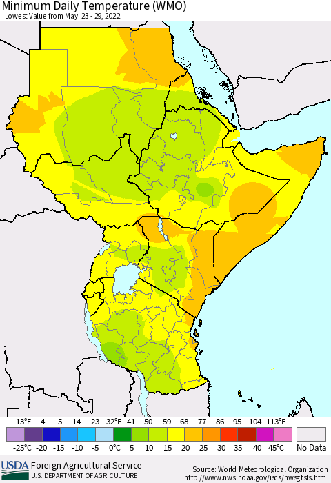 Eastern Africa Extreme Minimum Temperature (WMO) Thematic Map For 5/23/2022 - 5/29/2022