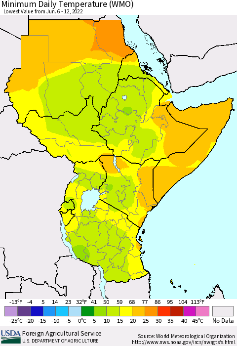 Eastern Africa Extreme Minimum Temperature (WMO) Thematic Map For 6/6/2022 - 6/12/2022