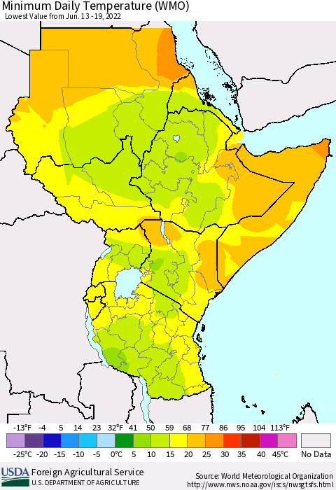 Eastern Africa Extreme Minimum Temperature (WMO) Thematic Map For 6/13/2022 - 6/19/2022