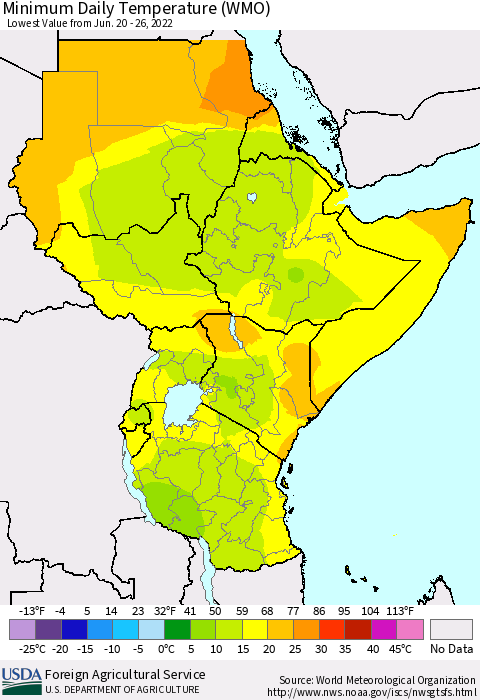 Eastern Africa Extreme Minimum Temperature (WMO) Thematic Map For 6/20/2022 - 6/26/2022