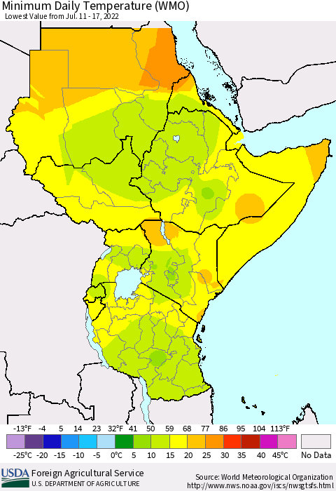 Eastern Africa Extreme Minimum Temperature (WMO) Thematic Map For 7/11/2022 - 7/17/2022
