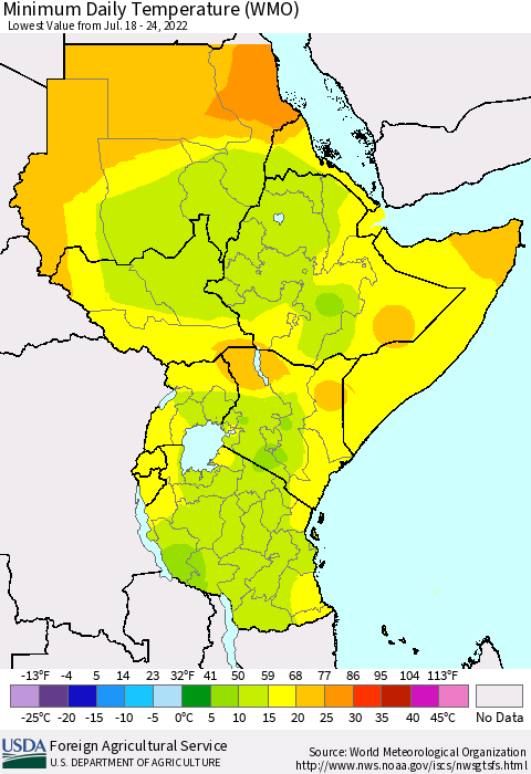 Eastern Africa Extreme Minimum Temperature (WMO) Thematic Map For 7/18/2022 - 7/24/2022