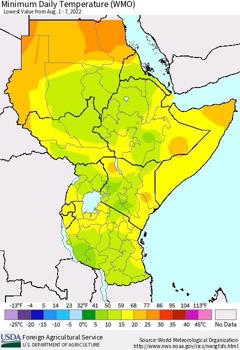 Eastern Africa Minimum Daily Temperature (WMO) Thematic Map For 8/1/2022 - 8/7/2022