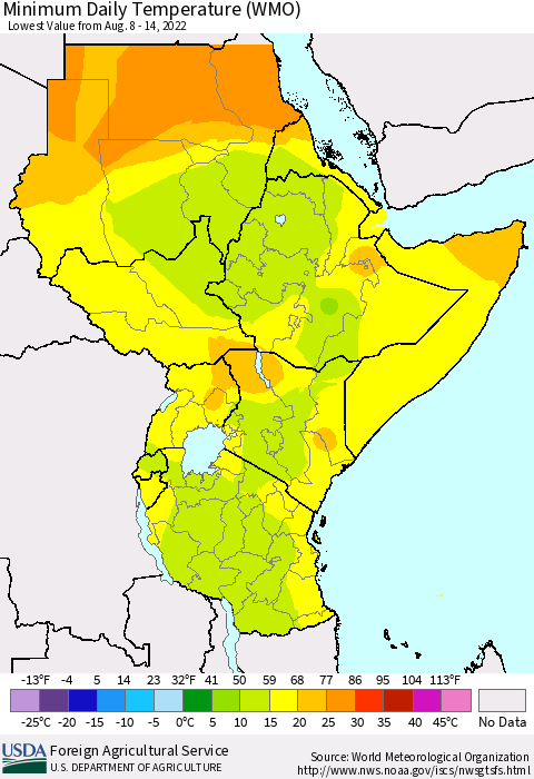 Eastern Africa Minimum Daily Temperature (WMO) Thematic Map For 8/8/2022 - 8/14/2022