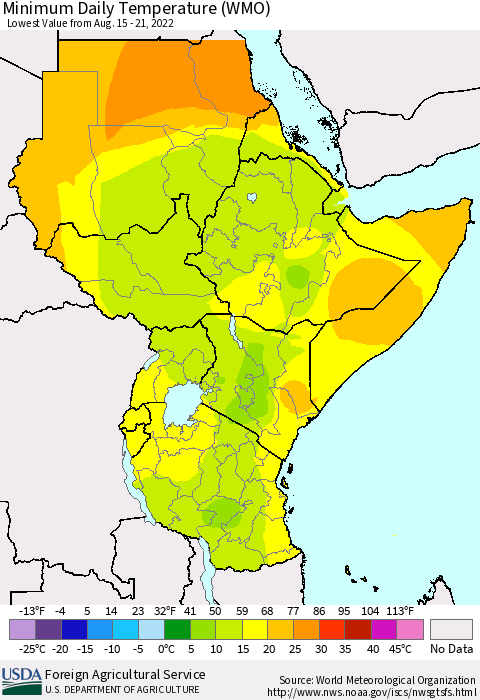 Eastern Africa Minimum Daily Temperature (WMO) Thematic Map For 8/15/2022 - 8/21/2022