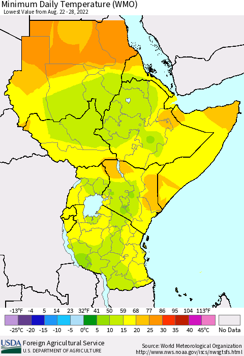 Eastern Africa Minimum Daily Temperature (WMO) Thematic Map For 8/22/2022 - 8/28/2022