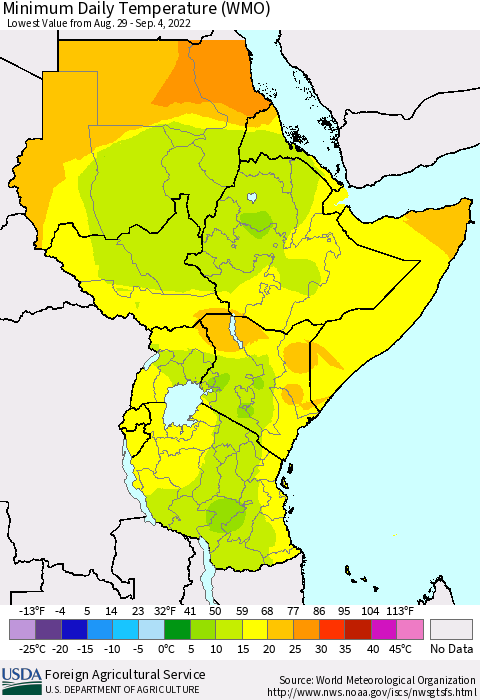 Eastern Africa Minimum Daily Temperature (WMO) Thematic Map For 8/29/2022 - 9/4/2022