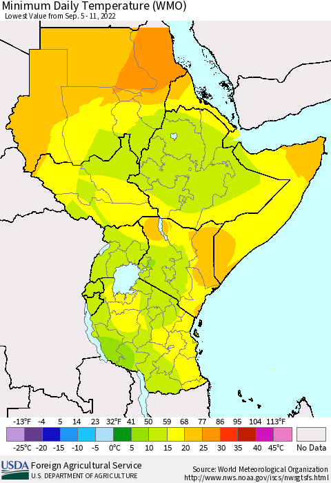 Eastern Africa Minimum Daily Temperature (WMO) Thematic Map For 9/5/2022 - 9/11/2022