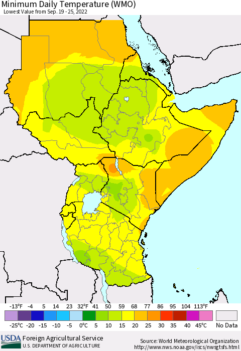 Eastern Africa Minimum Daily Temperature (WMO) Thematic Map For 9/19/2022 - 9/25/2022