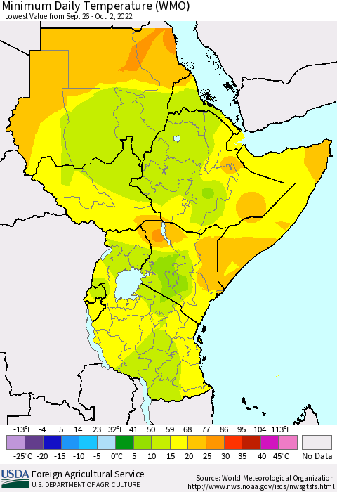Eastern Africa Minimum Daily Temperature (WMO) Thematic Map For 9/26/2022 - 10/2/2022