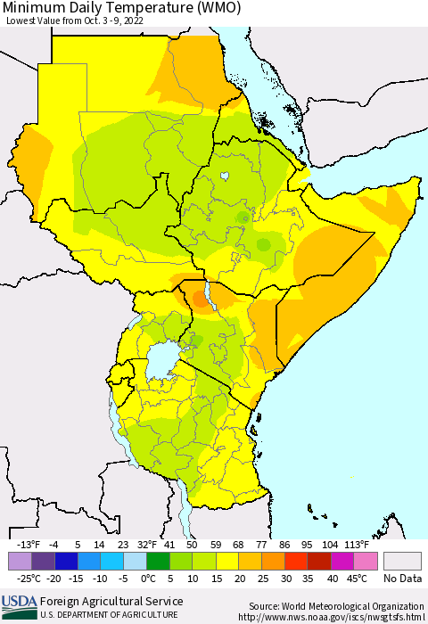 Eastern Africa Minimum Daily Temperature (WMO) Thematic Map For 10/3/2022 - 10/9/2022