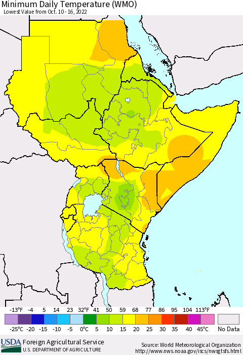 Eastern Africa Minimum Daily Temperature (WMO) Thematic Map For 10/10/2022 - 10/16/2022