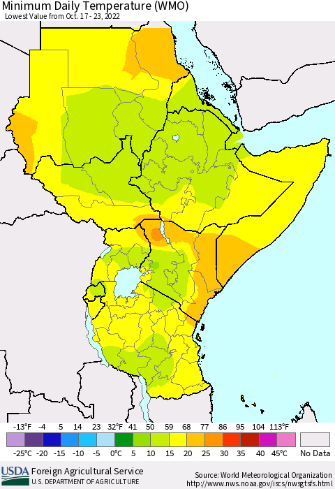 Eastern Africa Minimum Daily Temperature (WMO) Thematic Map For 10/17/2022 - 10/23/2022