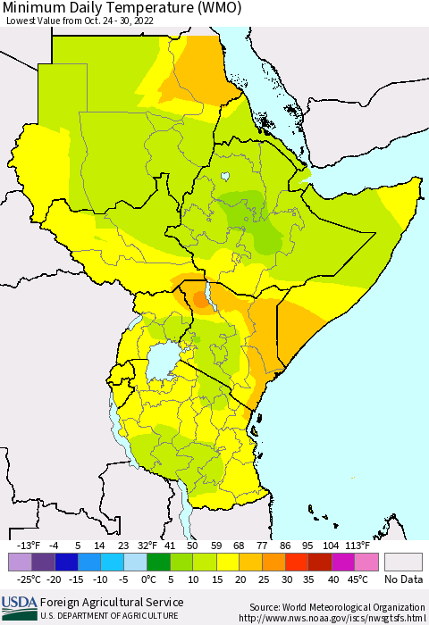 Eastern Africa Minimum Daily Temperature (WMO) Thematic Map For 10/24/2022 - 10/30/2022