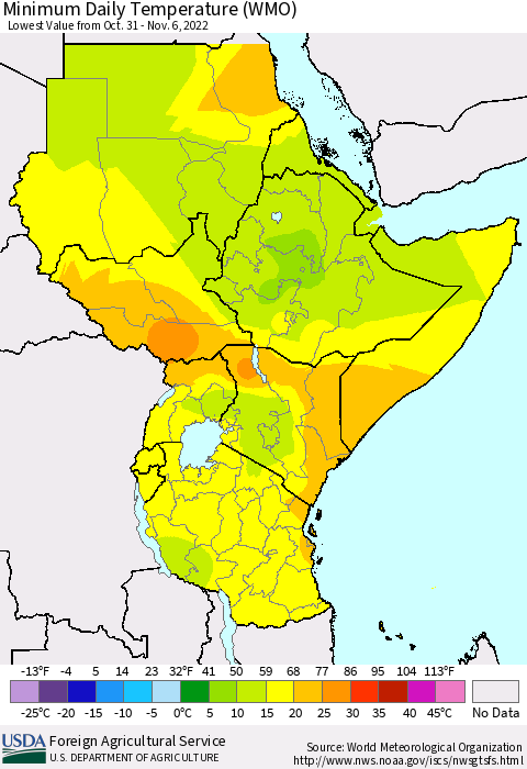 Eastern Africa Minimum Daily Temperature (WMO) Thematic Map For 10/31/2022 - 11/6/2022