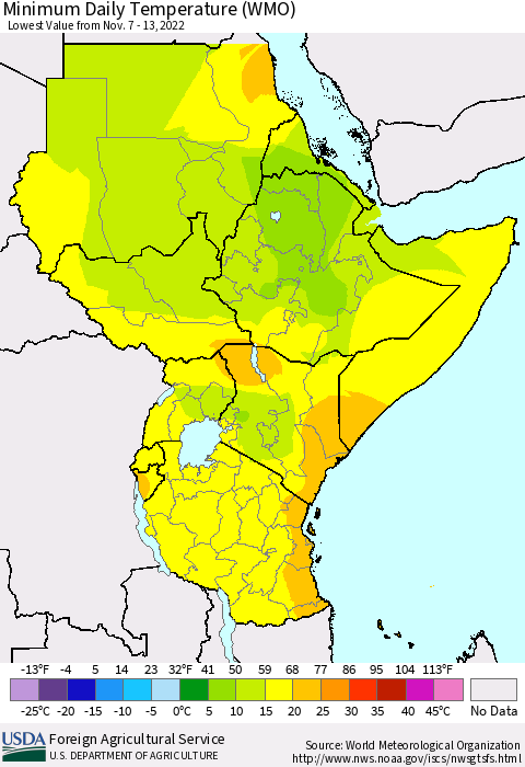Eastern Africa Minimum Daily Temperature (WMO) Thematic Map For 11/7/2022 - 11/13/2022