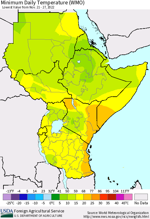 Eastern Africa Minimum Daily Temperature (WMO) Thematic Map For 11/21/2022 - 11/27/2022